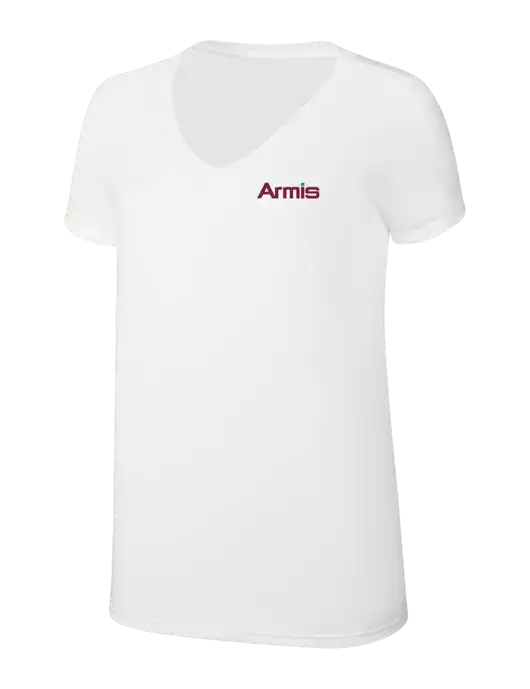 Womens Simply Soft V-Neck White 4.5oz  Poly/Combed Ring Spun Cotton T-Shirt w/Armis Logo