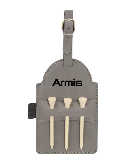 Grey Leatherette Golf Bag Tag with 3 Wooden Tees w/Armis Logo