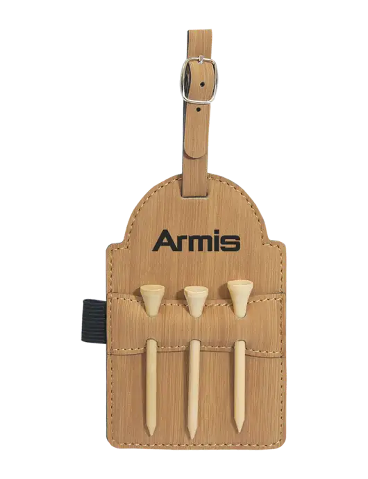 Bamboo Leatherette Golf Bag Tag with 3 Wooden Tees w/Armis Logo