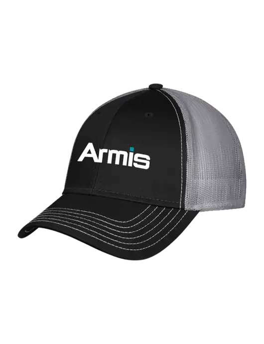 Black/Medium Dark Grey Mesh Trucker Cap Snap Back w/Armis Logo