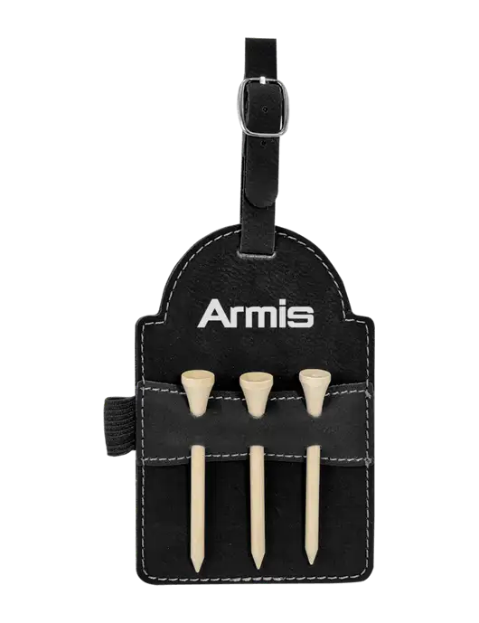 Black Leatherette Golf Bag Tag with 3 Wooden Tees w/Armis Logo