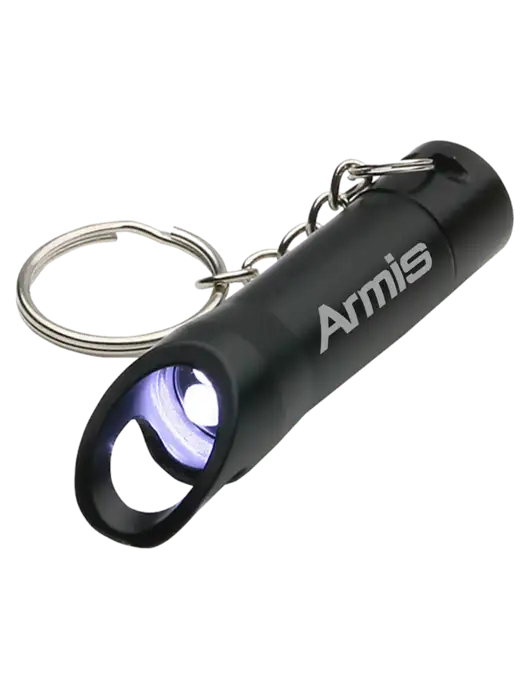 Black Pocket LED Flashlight with Bottle Opener & Keychain w/Armis Logo