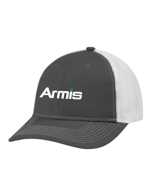 Snapback Ponytail Trucker Cap Dark Grey w/White Mesh w/Armis Logo